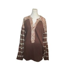 Easel Womens Mixed Media Plaid Floral Henley Top 3X Brown Boho Cottagecore Chic